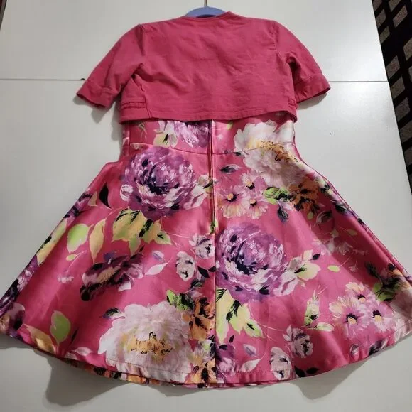 Girls Elegant Floral Magenta Pleated Formal Dress Cardigan & Headband Set  Size 6